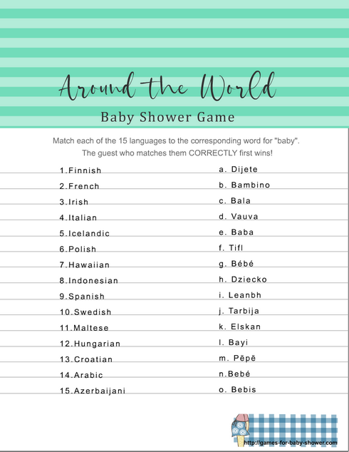 free printable around the world baby shower game in green color