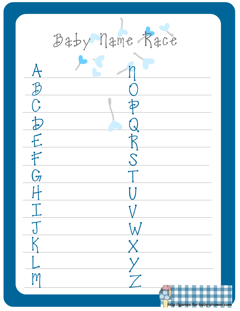 Free Printable Baby Name Race Game for Baby Shower