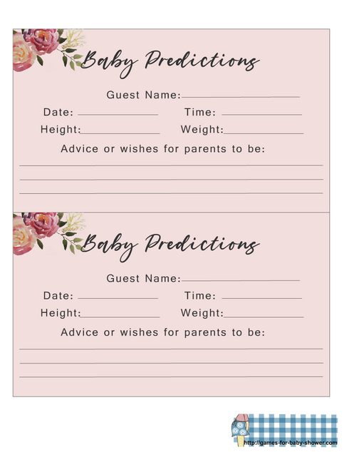 free printable predictions for baby game in pink color