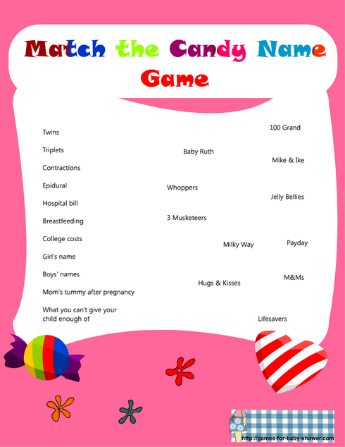match the candy name baby shower game in pink color