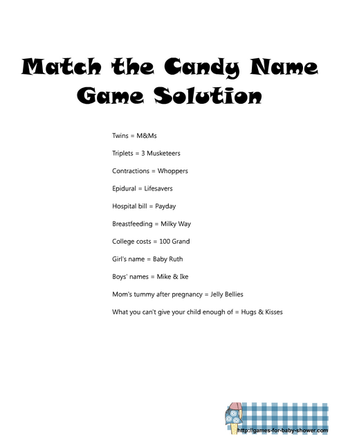 Match the Candy Bar name Game Answer Key
