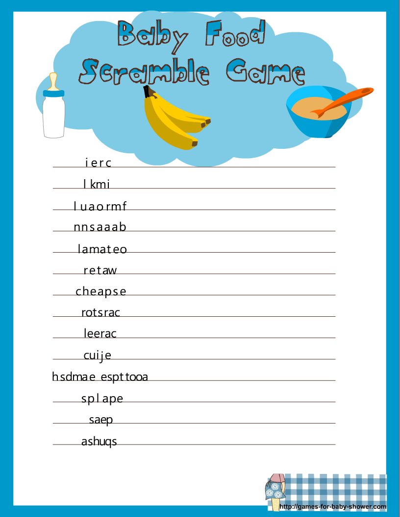 Free Printable Baby Food Scramble Game for Baby Shower