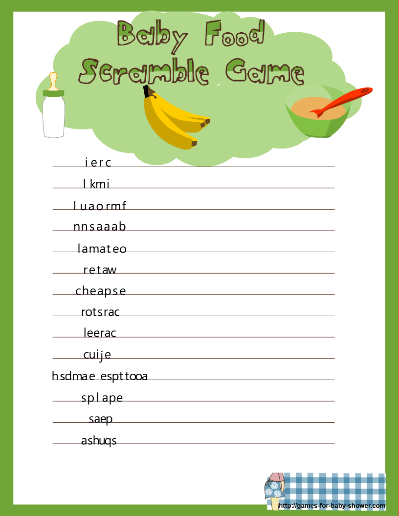 Free Printable Baby Food Scramble Game for Baby Shower