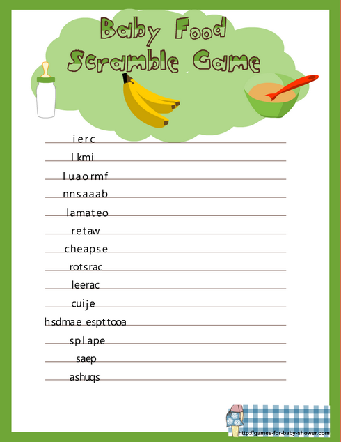 free printable baby food scramble game for baby shower in green color