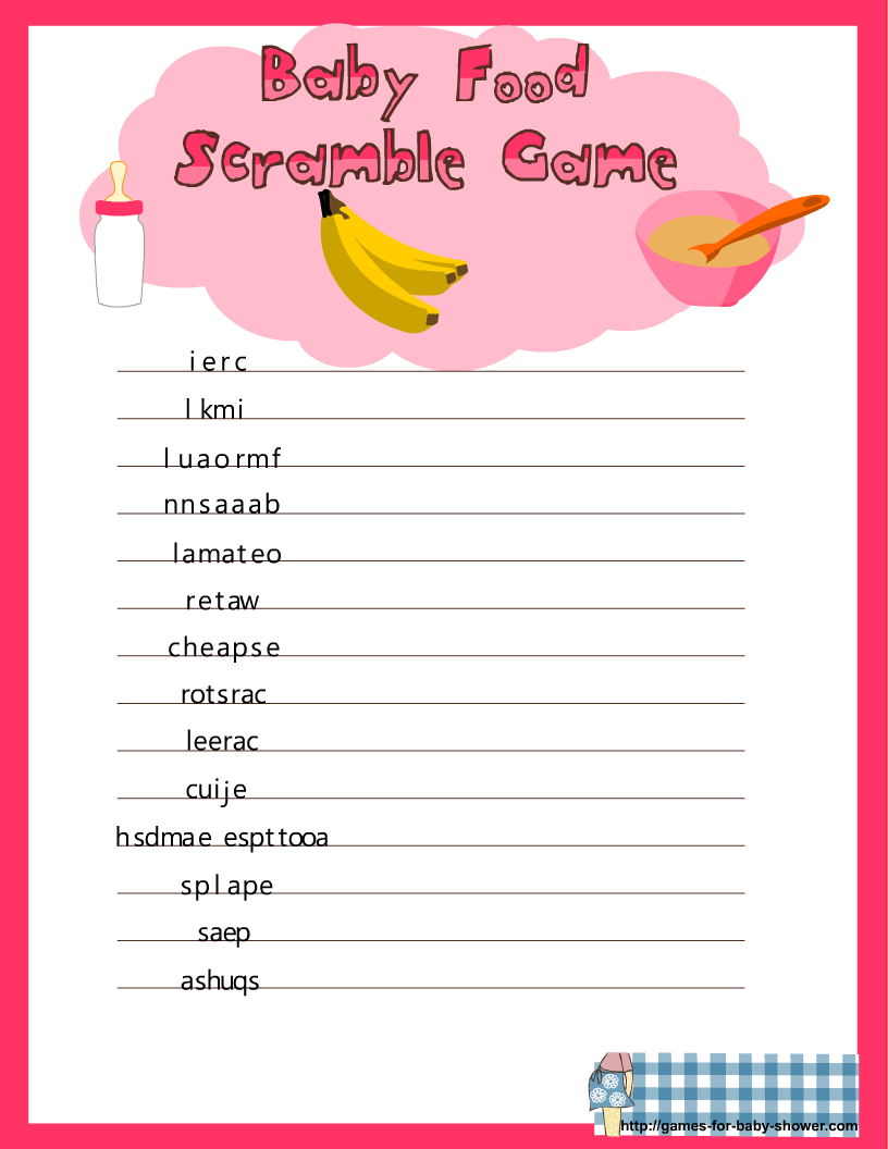896 New baby shower game girl 827 Baby Shower Food Scramble Game Printable In Pink Color picture 