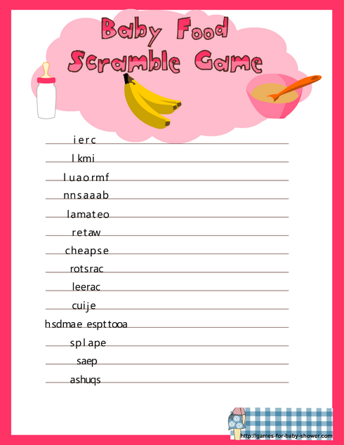 baby shower food scramble game printable in pink color