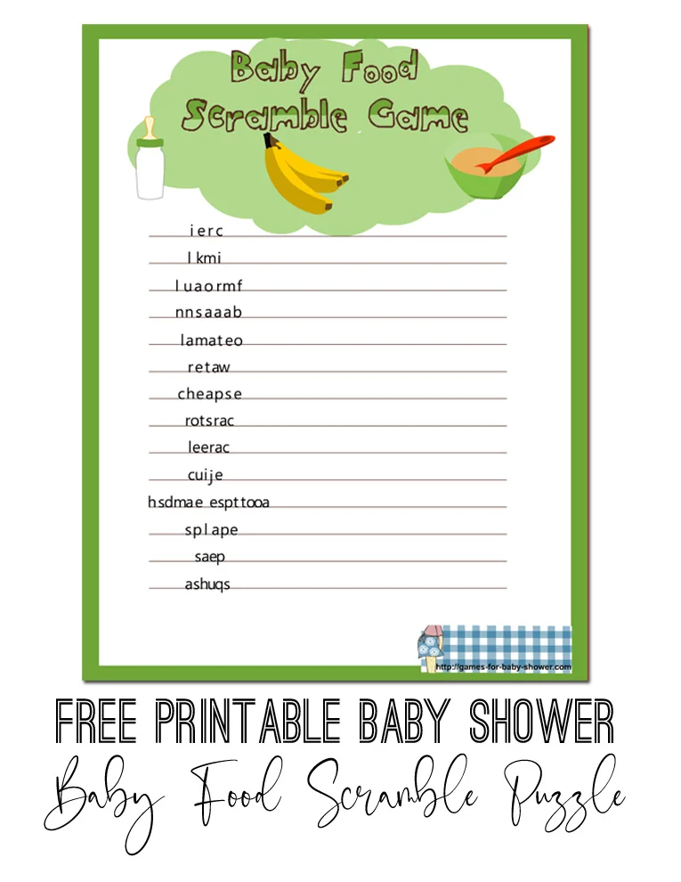 Free Printable Baby Food Scramble Game for Baby Shower
