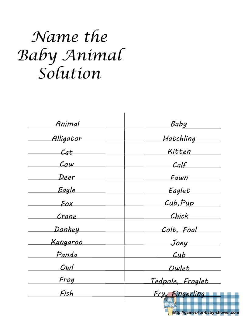 Baby Shower Baby Animal Game Answers