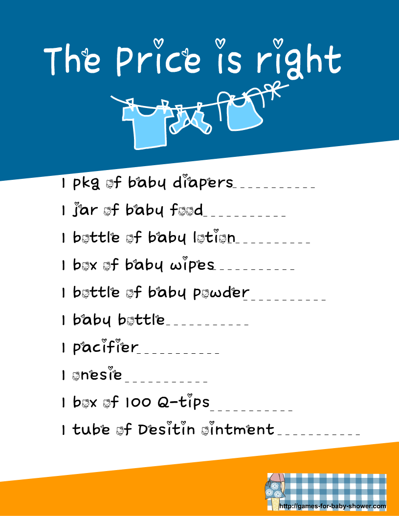 Free Printable Price is Right Game for Baby Shower