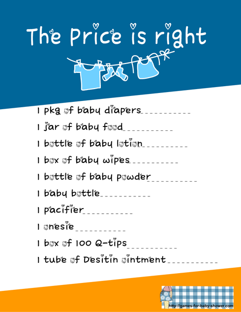 price is right baby shower game in blue color
