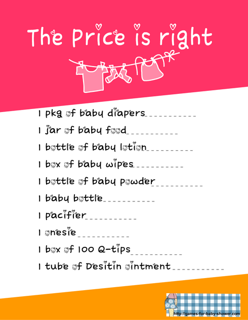 the price is right game for baby shower in pink color