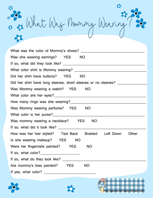 free printable what was mommy wearing game for baby shower in blue color