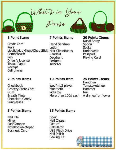 free printable whats in your purse baby shower game in green color