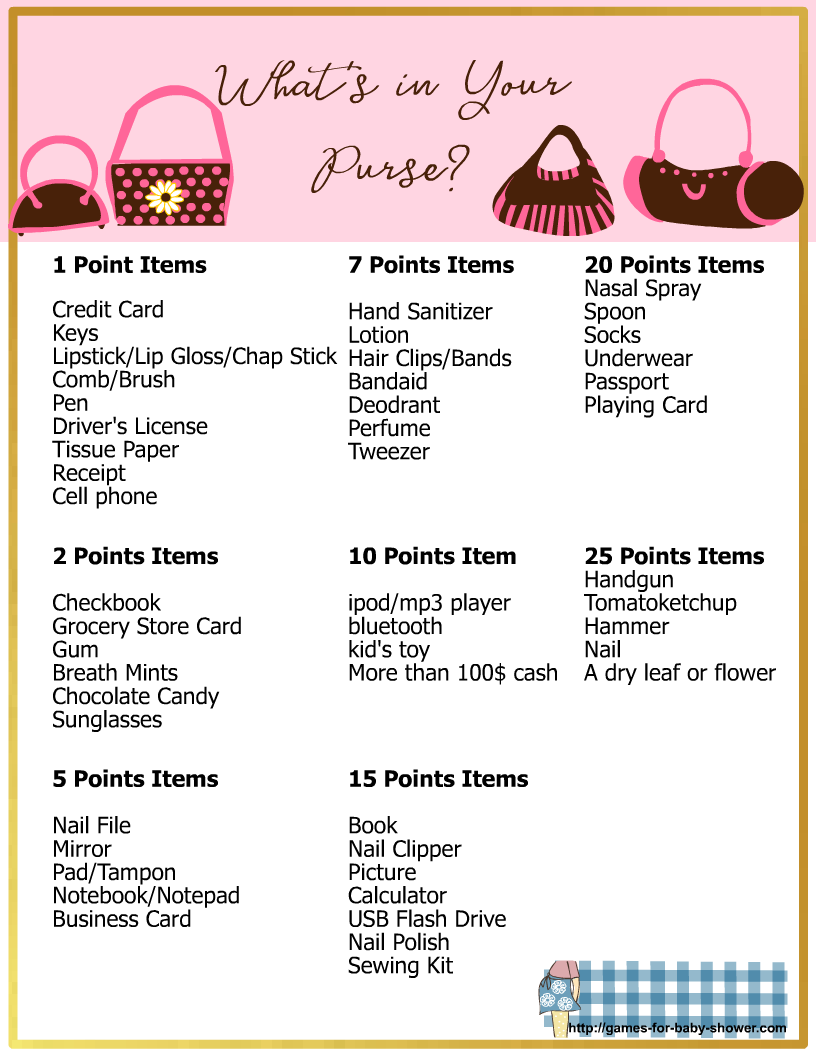 What's in Your Purse, Free Printable Baby Shower Game