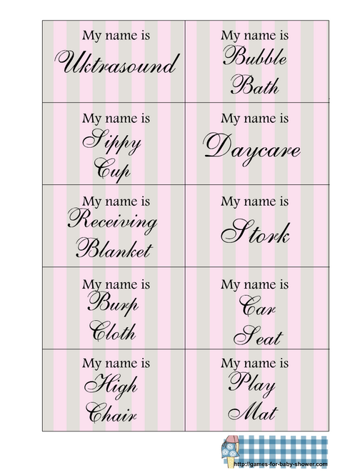 Free printable name tags game for girl baby shower