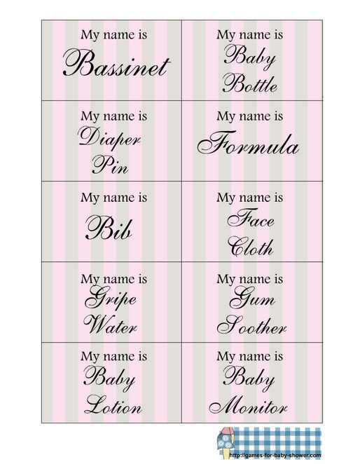 Free printable baby shower name tags game in pink color