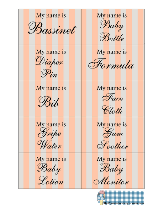 Free printable baby shower name tags game in orange color