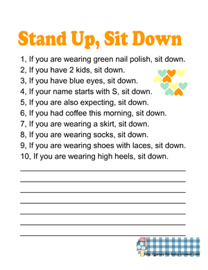 Free Printable Stand up, sit down game for baby shower