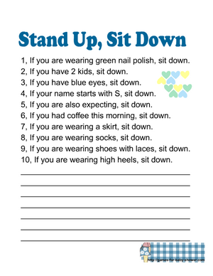 Free Printable Baby Shower Stand up sit down game in blue color
