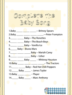 Free Printable Complete the Baby Shower Song Game in Yellow Color