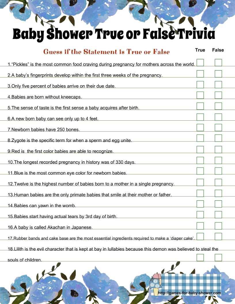 Free Printable Baby Shower True or False Trivia Quiz with Answer Key