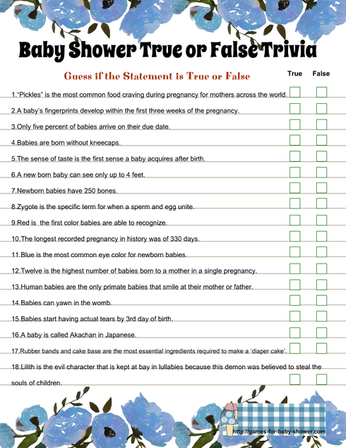 Free Printable Baby Shower True or False Trivia Quiz with Blue Flowers
