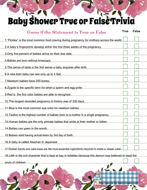 Free Printable Baby Shower True or False Trivia Quiz in Pink Color