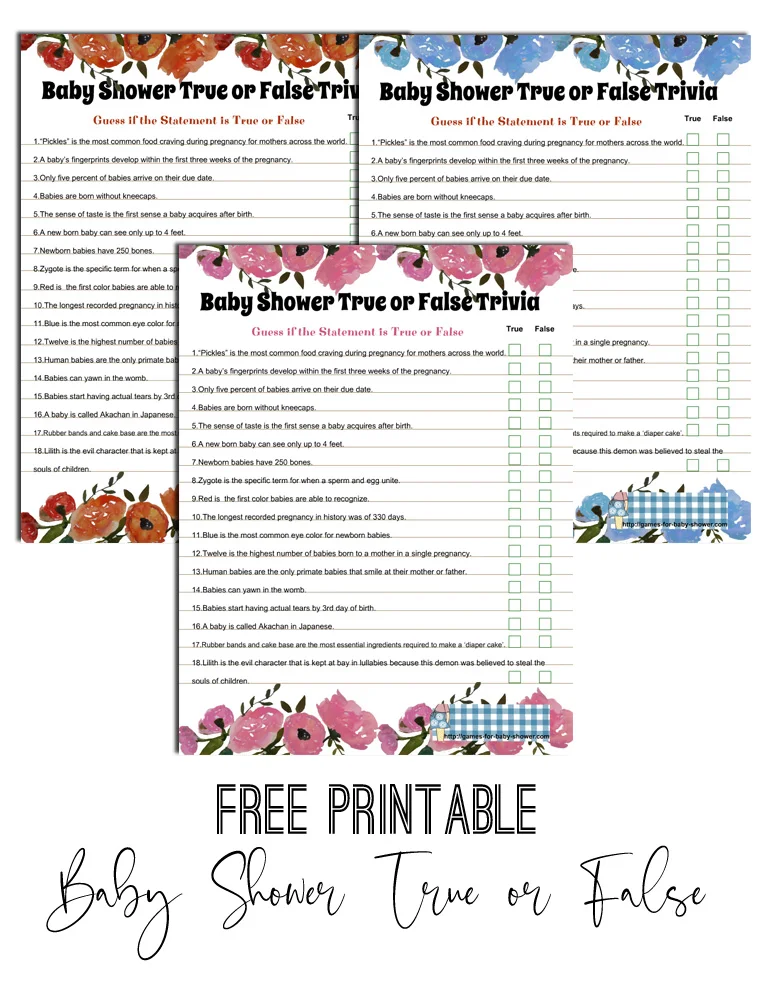 Free Printable Baby Shower True or False Trivia Quiz Game with Answer Key
