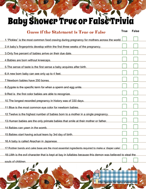 Free Printable Baby Shower True or False Trivia Quiz 