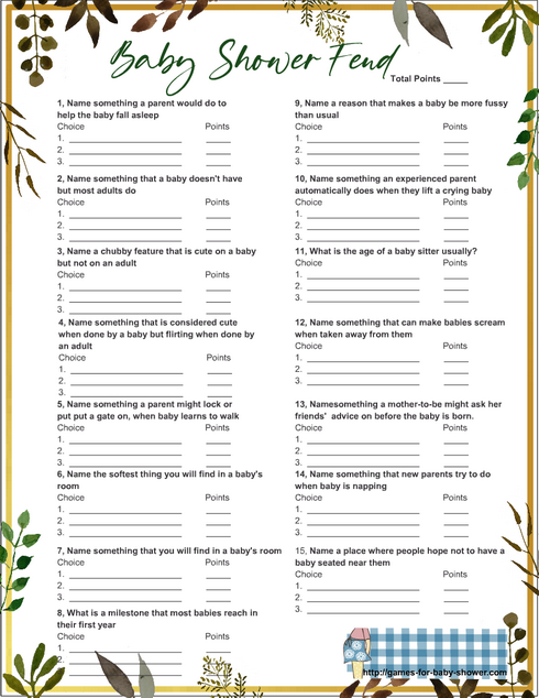 Free Printable Baby Shower Family Feud Game with Green Leaves