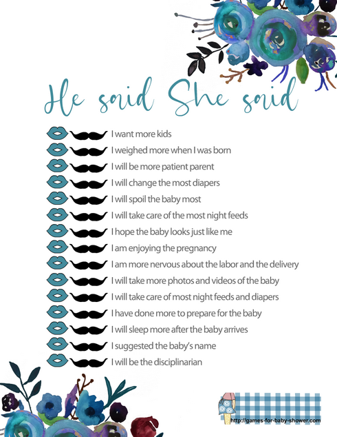 Free Printable He Said, She Said, Baby Shower Game in Blue Color