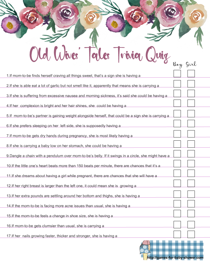 Free Printable Baby Shower Old Wives' Tales Trivia Quiz