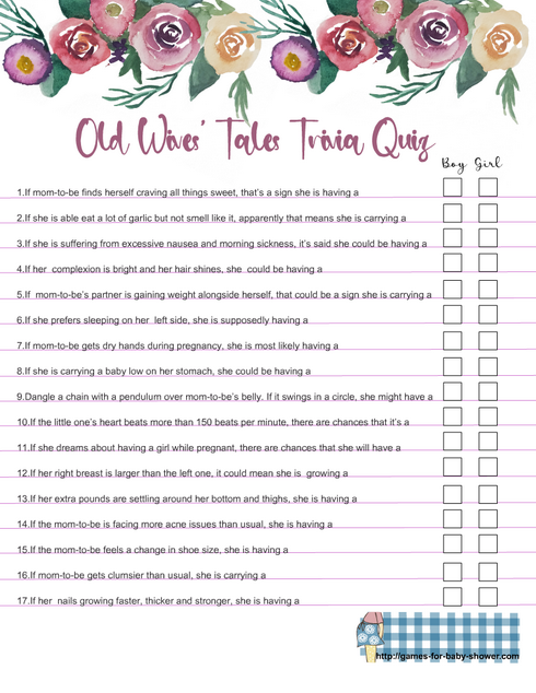 Free Printable Baby Shower Old Wives' Tales Trivia Quiz in Pink Color