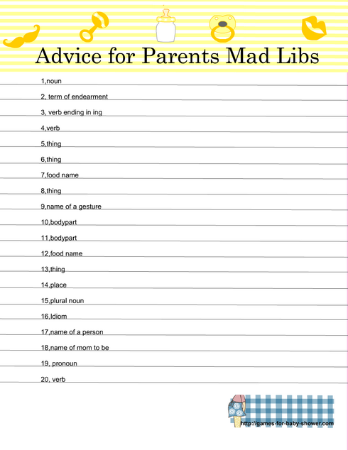 New parents advice mad libs in yellow