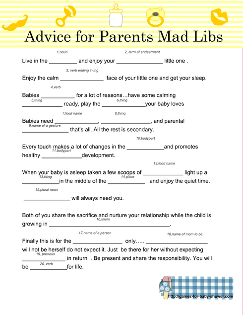 Free Printable Advice for new Parents Mad Libs Game