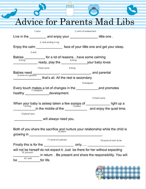 Free Printable Baby Shower Mad Libs Game in Blue Color