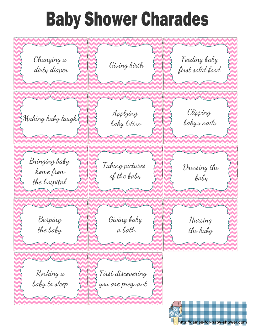 Free Printable Baby Shower Charades Cards in Green Color.