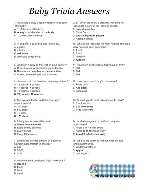 Baby Shower Trivia Quiz Answer Key