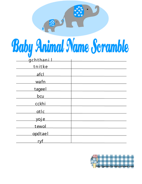 Free Printable Baby Animal Word Scramble Game in Blue Color