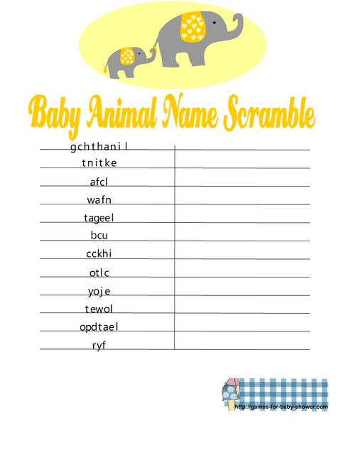 Free Printable Baby Animal Name Scramble Game in Yellow Color