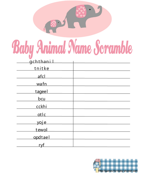 Baby animal name scramble puzzle free printable in Pink color