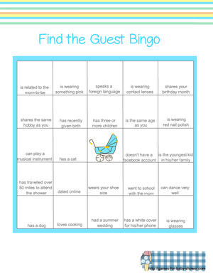 Free printable baby shower guest bingo game in blue color