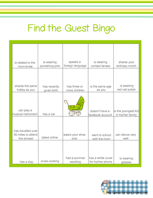 Free Printable Baby Shower Guest Bingo Game in Green Color