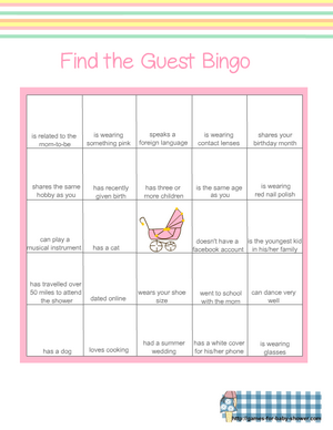 Free Printable Baby Shower Guest Bingo Game in Pink Color
