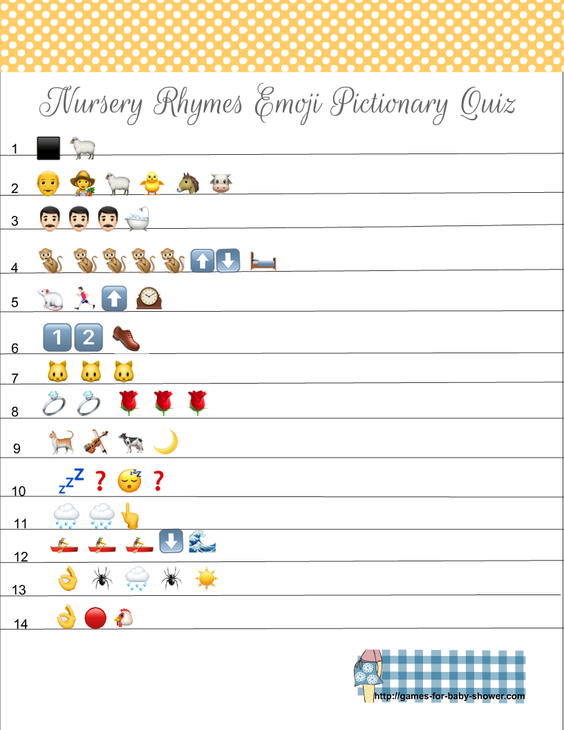 Instant Download Nursery Rhymes Emoji Pictionary Baby Shower Games Baby Predictions /& Advice Shower Game Bundle Baby Trivia Printable