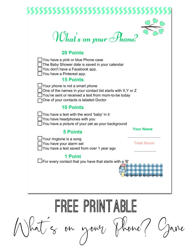 Whats In Your Phone Game - Blue Swash Printable Baby Shower Games