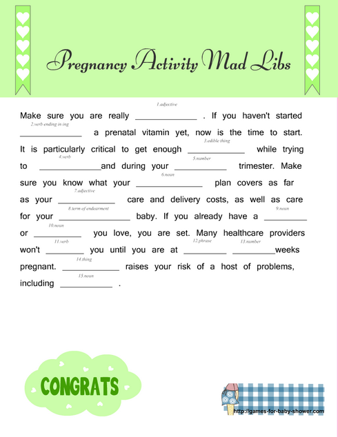 Free Printable Pregnancy Activity Mad Libs in Green Color