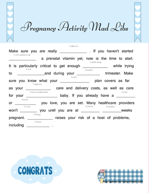 Free Printable Pregnancy Activity Mad Libs Game in Blue Color
