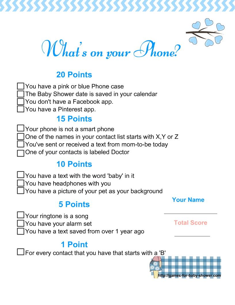 Free Printable What's in your Phone Baby Shower Game  Sprinkle baby  shower, Baby shower fun, Free baby shower games