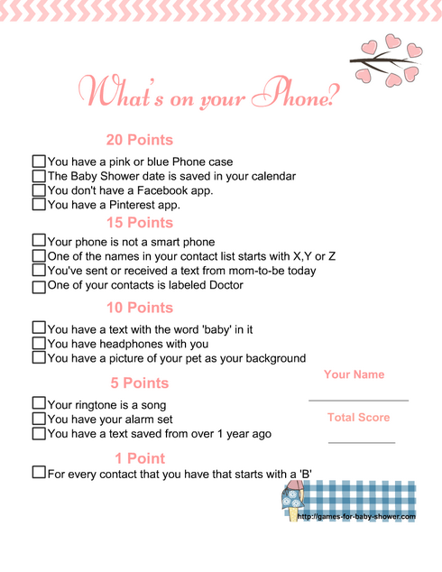 Free Printable What's in Your Phone Baby Shower Game